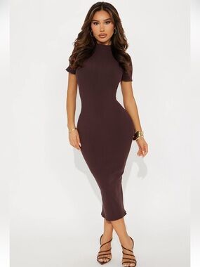 Fashion Nova Chocolate Brown Short Sleeve Bodycon Midi Dress